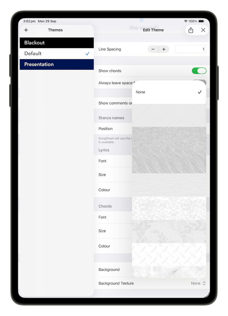 Background texture popover showing a None option above a grid of built-in patterns