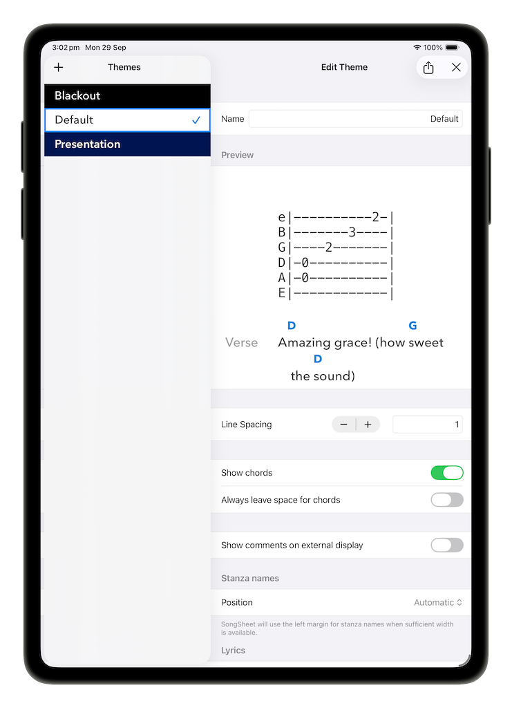 Theme editor top half: theme list, name field, lyrics preview and line spacing and chord toggles