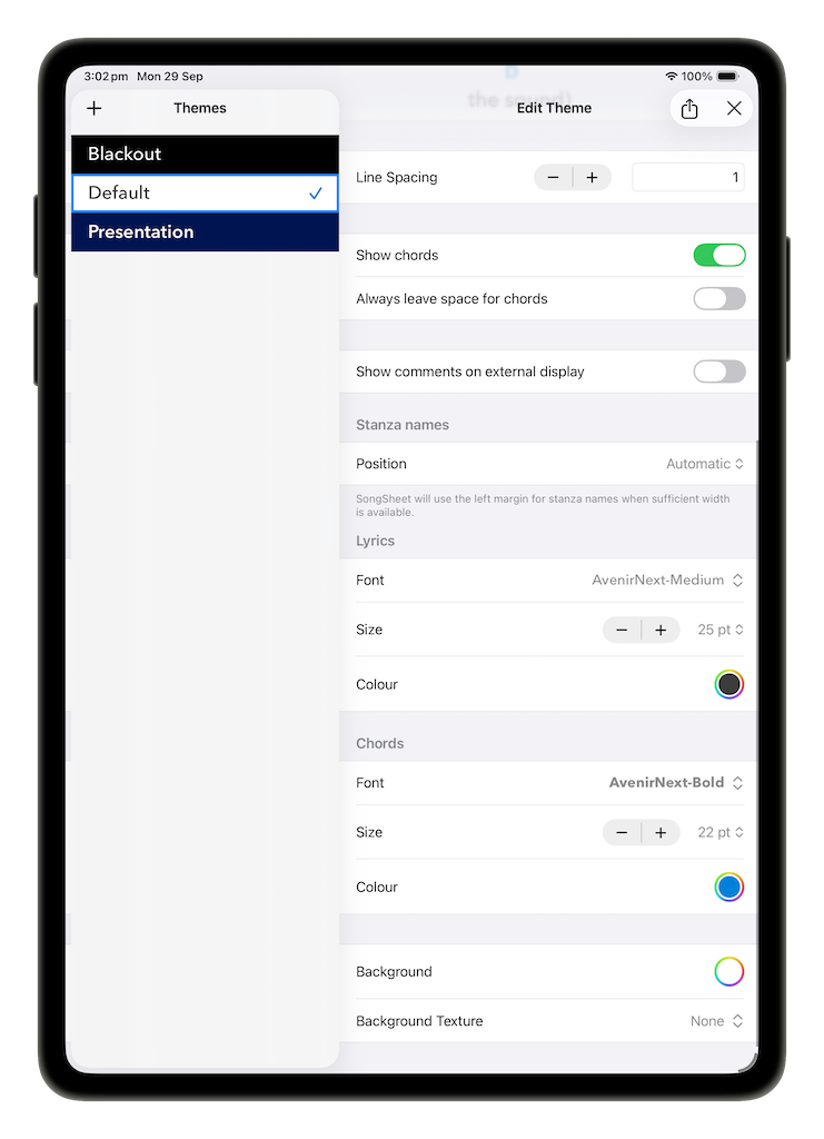 Theme editor lower half: lyrics, chords and background font, size and colour controls